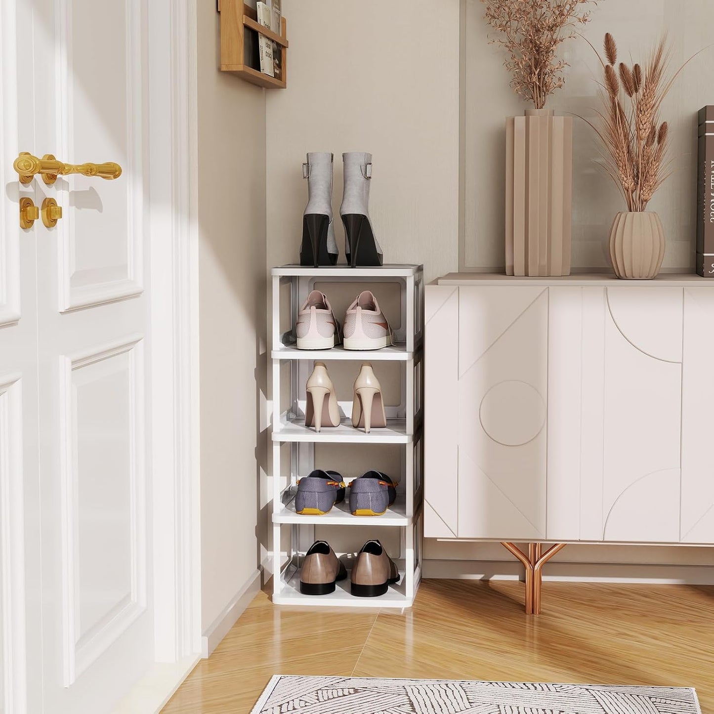 SEE SPRING 5-Tier Stackable Shoe Rack Organizer - Durable Plastic Storage Shelf for Entryway & Closet, Fits Size 13 Shoes (White)