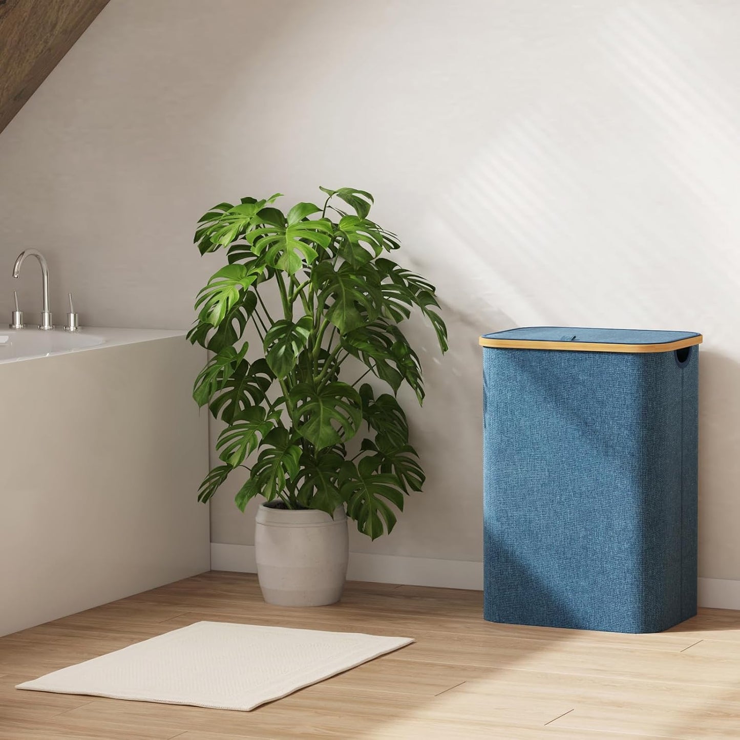 Lifewit 80L Laundry Basket - Foldable Clothes Hamper with Lid & Bamboo Handles | Dark Blue
