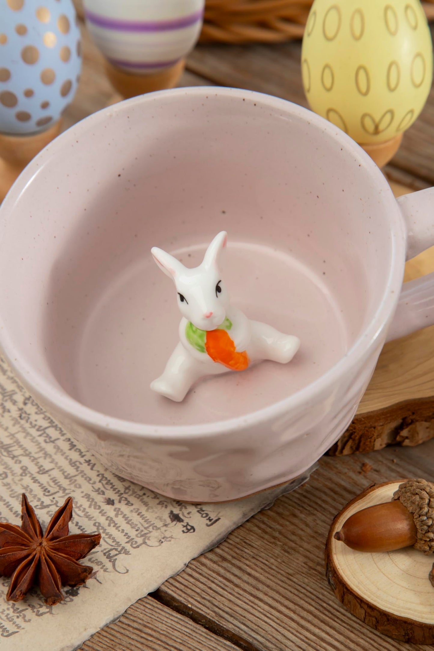 DIHOclub Farmhouse Ceramic Coffee Mug with Rabbit Figurine – Rustic Stoneware Cup, Matte Finish, Ideal for Breakfast & Home Decor (Pink Rabbit)