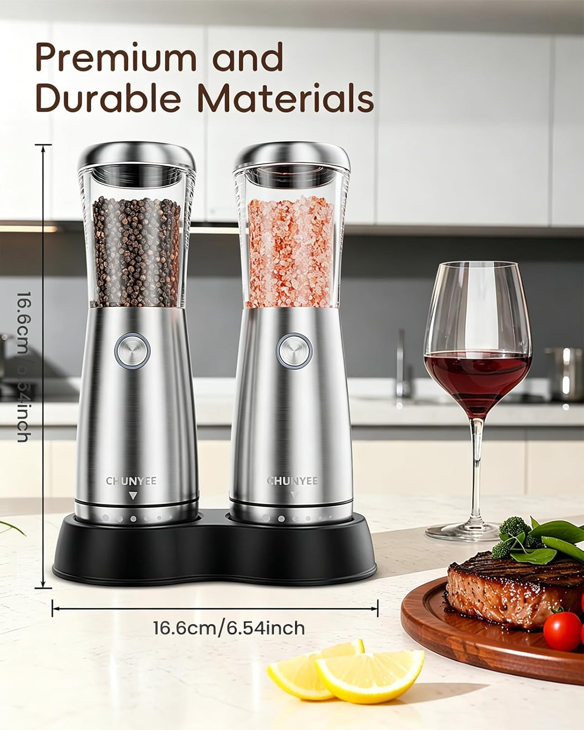 Skiennix Electric Salt and Pepper Grinder Set - Automatic Stainless Steel with LED Light & Adjustable Coarseness