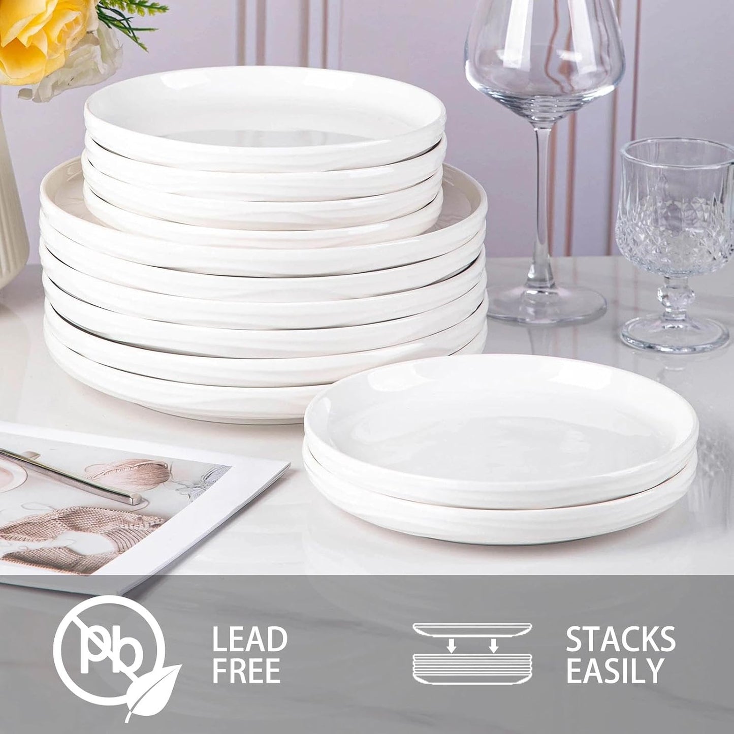 Skiennix White Salad Plates Set of 6 - 8 Inch Porcelain Dinner Plates | Ribbed Texture, Microwave & Dishwasher Safe