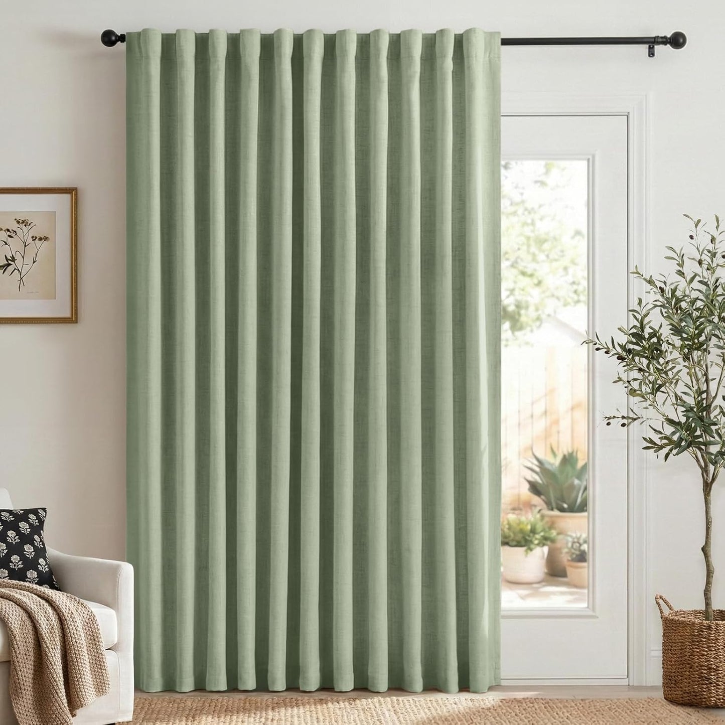 Skiennix 100% Blackout Linen Curtains - Thermal Insulated Drapes for Bedroom | 96" Long, Sage