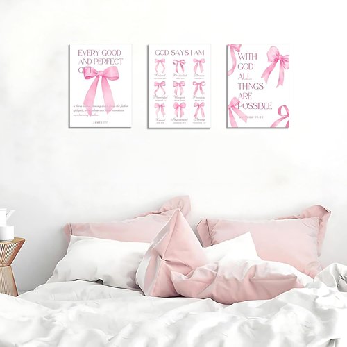 Coquette Pink Bow Wall Art | Inspirational Bible Verse Decor | 12x16 Inch Set of 3 for Teen Girls