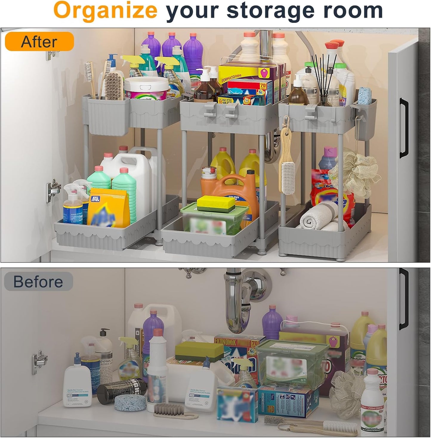 Sevenblue 3-Pack Under Sink Organizers - 2-Tier Kitchen & Bathroom Storage with Sliding Drawers | Gray, 12.8 Inch