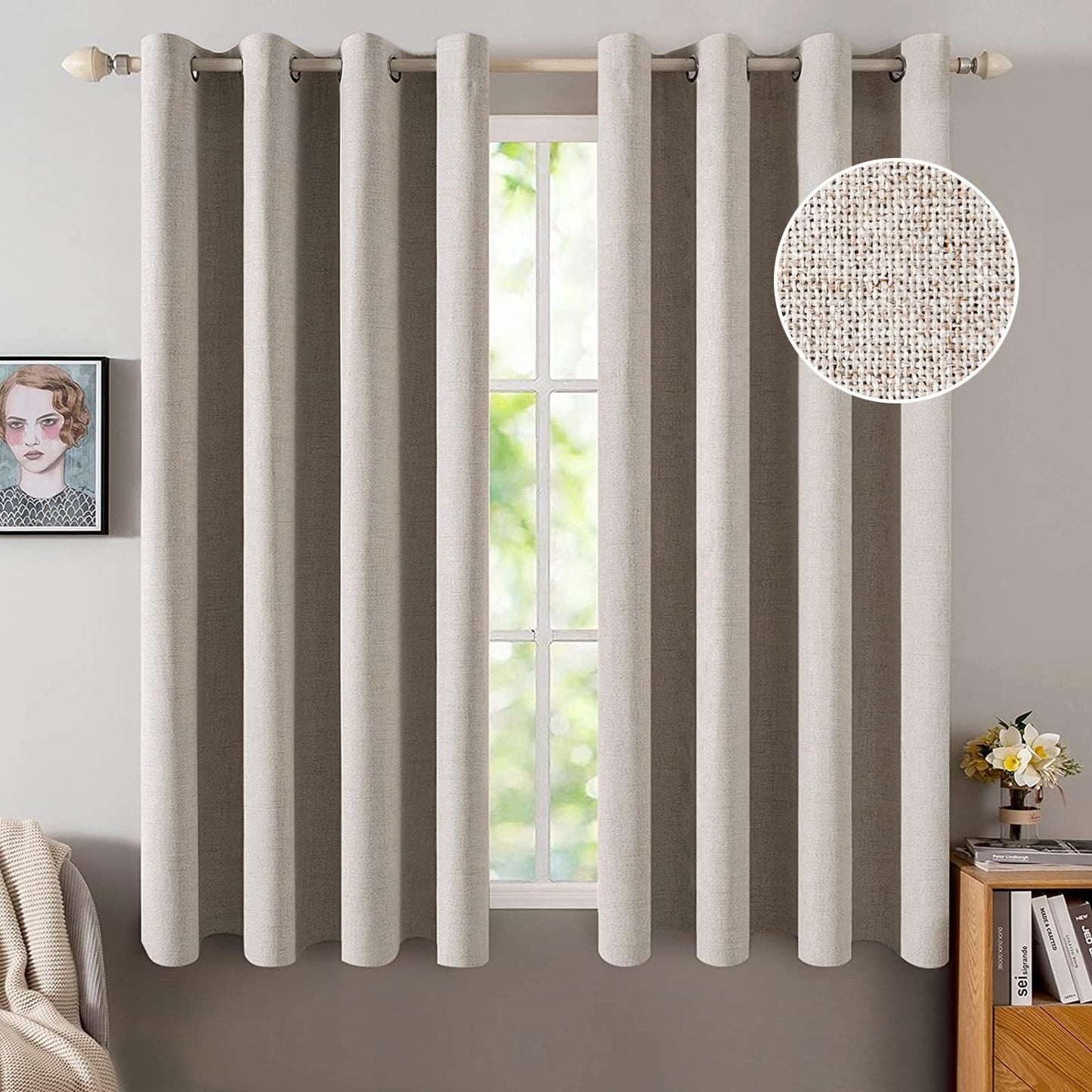 MIULEE Blackout Curtains - Linen Texture Thermal Insulated Room Darkening Drapes | Natural Khaki, 52x45 Inch (2 Panels)