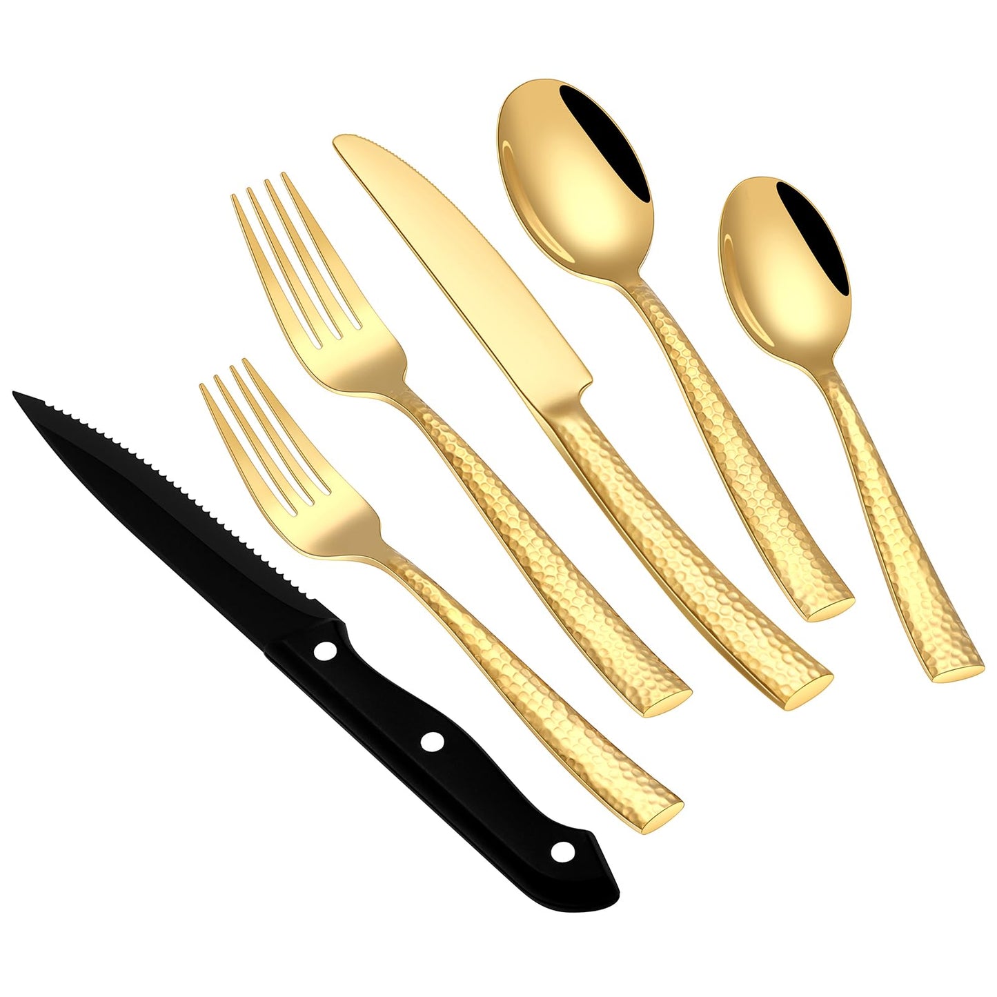 Stapava 48 Pc Gold Hammered Silverware Set with Steak Knives, Stainless Steel Gold Utensils Cutlery for 8, Mirror Flatware Include Forks, Spoons and Knives for Home, Hotel; Dishwasher Safe