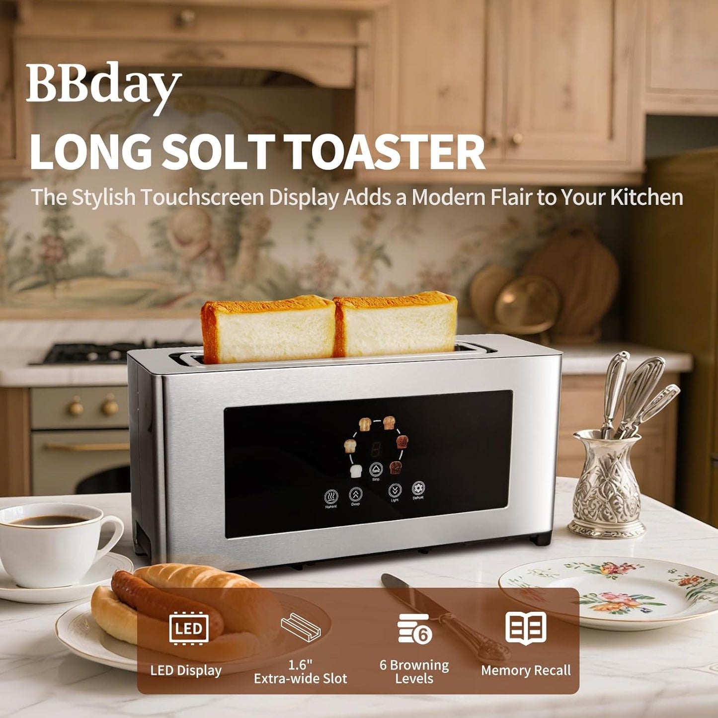 Touch Screen Toaster - LCD Display, 2 Slice Design with 10" Long Slot for Baguettes & 6 Browning Levels