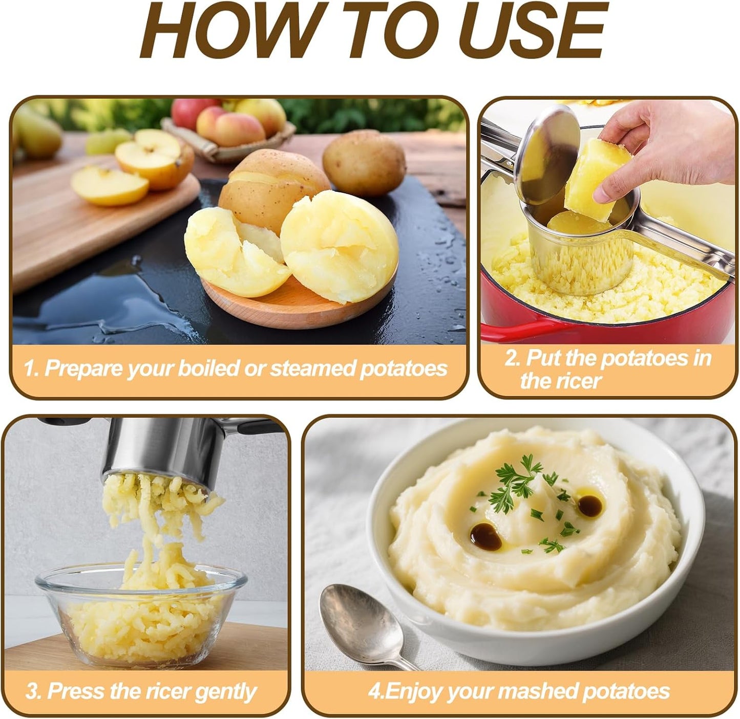 Potato Ricer - Stainless Steel Masher with 4 Interchangeable Discs | 15oz Kitchen Tool for Perfect Mashed Potatoes