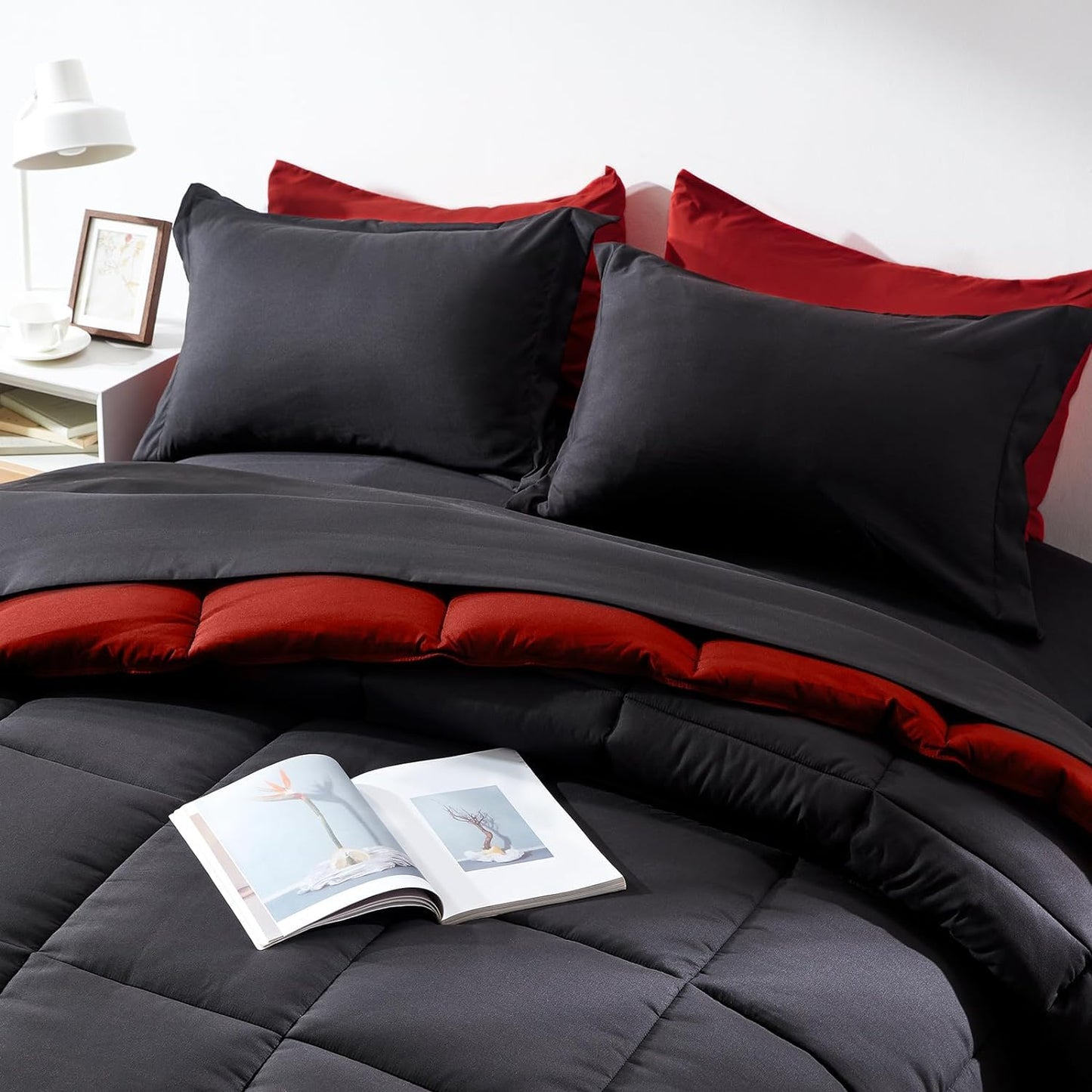 COZYART King Comforter Set 7 Pcs, Red Bed in a Bag, All Season Lightweight Soft Reversible Bedding Sets, 1 Comforter, 1 Flat Sheet, 1 Fitted Sheet, 2 Pillow Shams, 2 Pillowcases