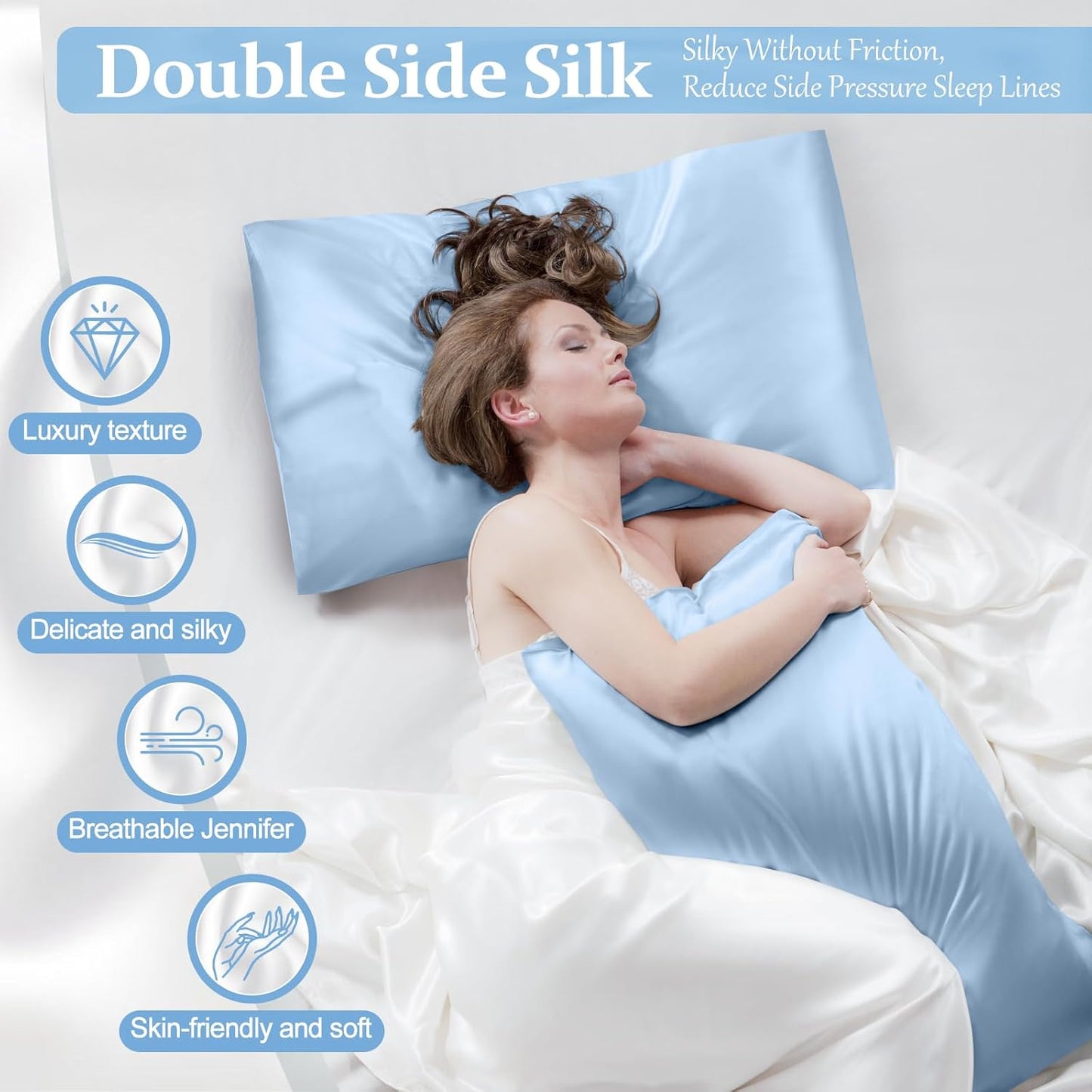 Skiennix 100% Pure Silk Pillowcases - Cooling Mulberry Silk for Hair & Skin | Standard Size, Light Blue - 2 Pack