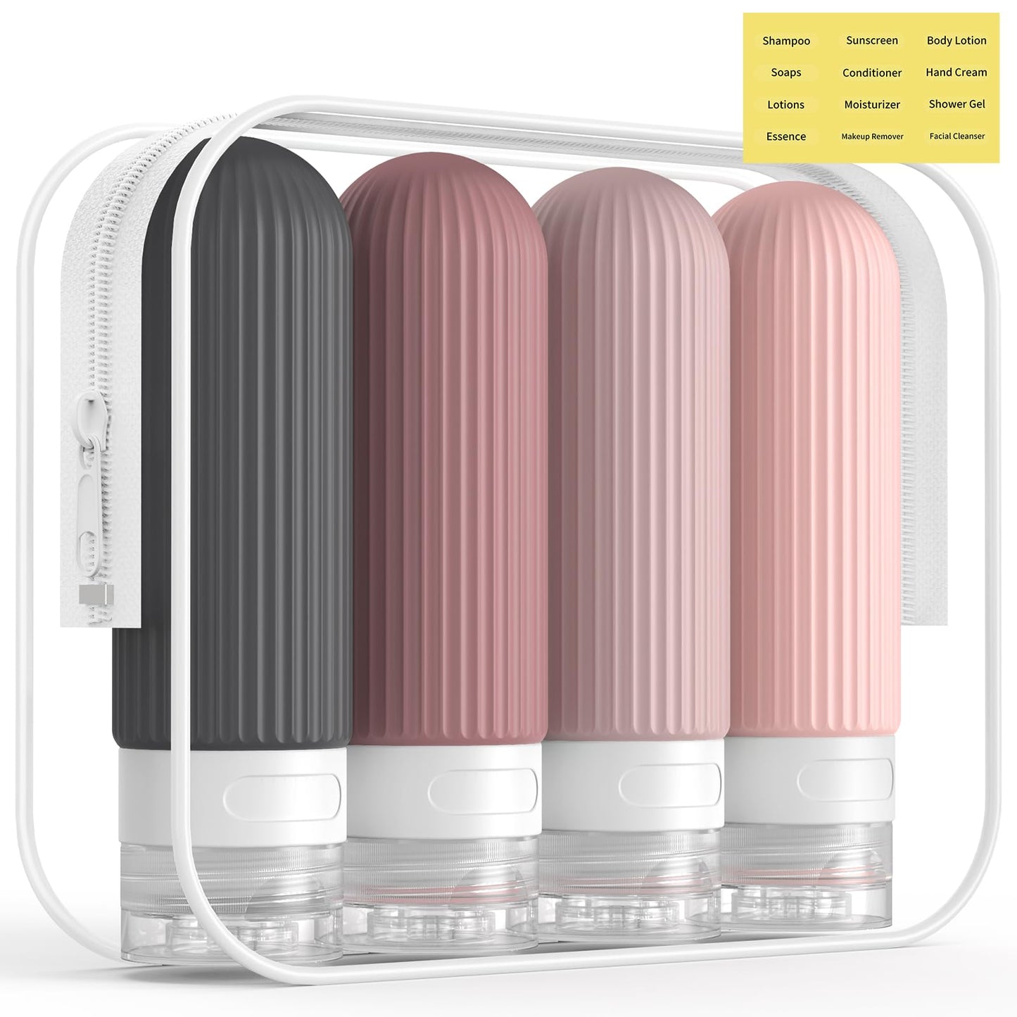 ME.FAN Travel Bottles for Toiletries, TSA Approved 3oz Silicone Journey Size Containers, Portable Split Bottle for Conditioner, Shampoo, Lotion- 4 Pack Pink