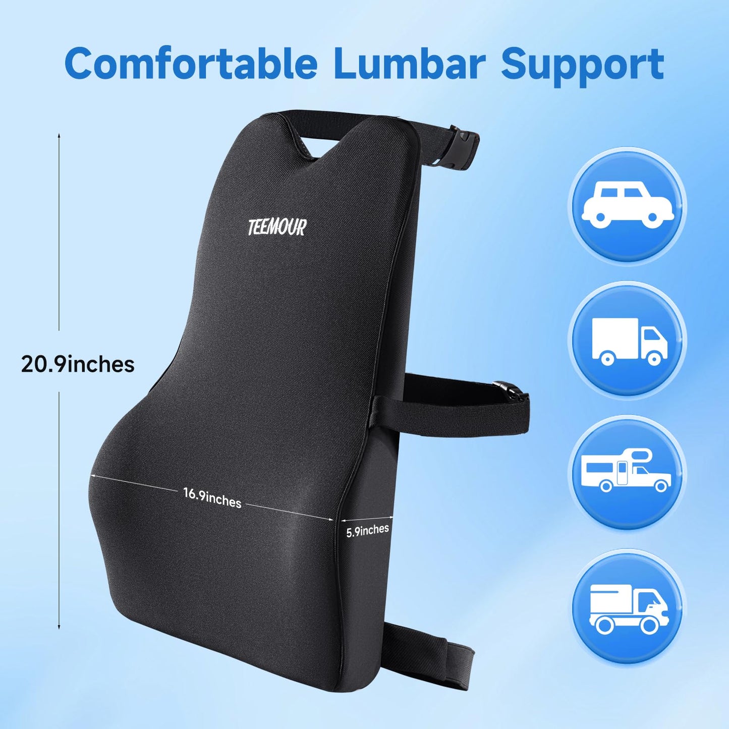 Teemour Lumbar Support Pillow for Car Seat, Memory Foam Back Support Pillow with Adjustable Straps, Medium Soft Car Back Cushion for Driving, Truck, SUV, Office Chair, Black
