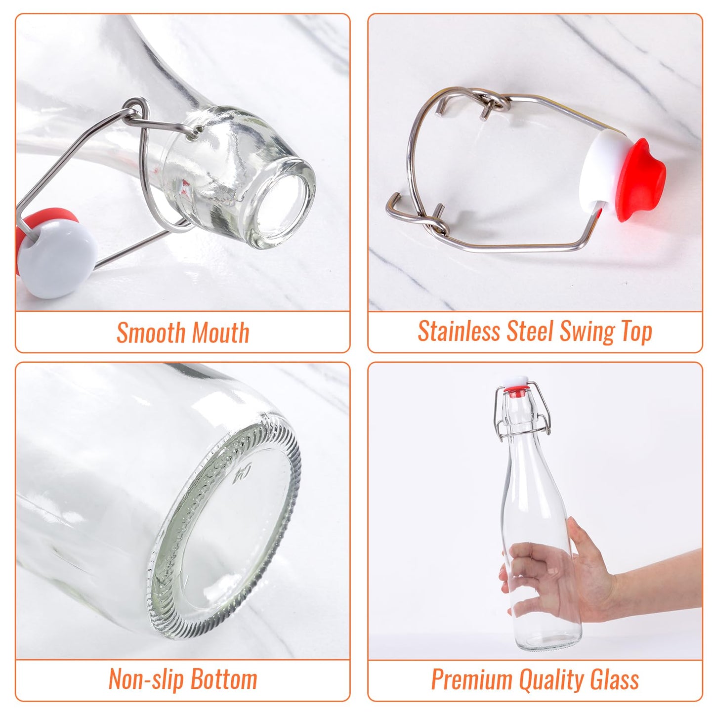 SZUAH 6-Pack 16oz Airtight Swing Top Glass Bottles – Heavy-Duty Reusable Bottles with Stopper for Home Brewing Kombucha, Beer, Vanilla Extract, Craft Sodas & More | Complete Brewing Kit
