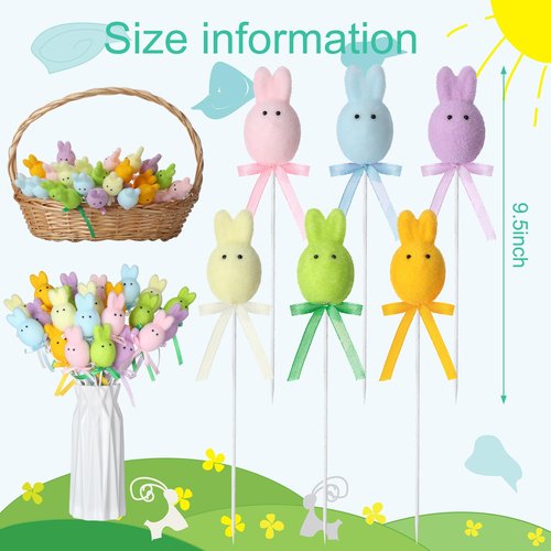 FineCheer 24 Pcs Easter Bunny Picks Faux Foam Easter Egg Picks Decorative Mini Pastel Egg Stems 7" Tall for Spring Basket Bouquets Floral Arrangement Centerpiece Wreath Party Decorations