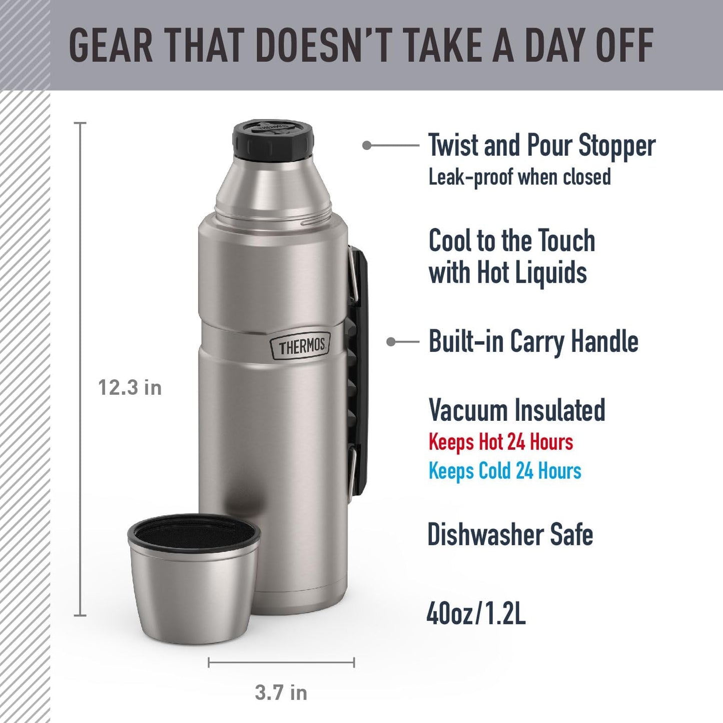THERMOS Stainless King Vacuum-Insulated Beverage Bottle - 40 Ounce | Matte Stainless Steel Finish