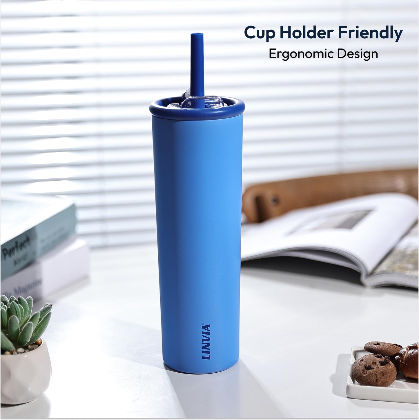 LINVIA Candy Tumbler, 25 oz Kids Insulated Stainless Steel Water Bottle with Spill Resistant Silicone-Metal Straw and 2-in-1 Lid, BPA-Free, Cup Holder Friendly, Dishwasher Safe, Ocean Blue