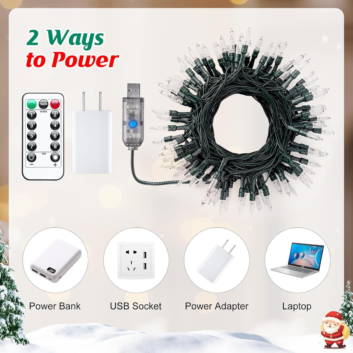 Minetom LED Christmas Lights - 39 FT Warm White Mini String Lights with Remote & USB Power Adapter | Perfect for Holiday Decor