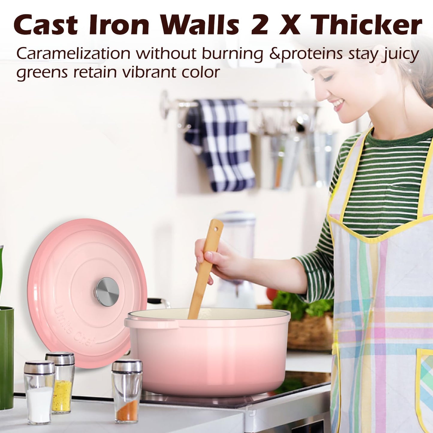 Umite Chef 5QT Enameled Cast Iron Dutch Oven Pot with Lid, Heavy-Duty Cookware for Bread Baking, Braising, Stews, Roasting, Wedding Registry Ideas & Gifts (Pink)