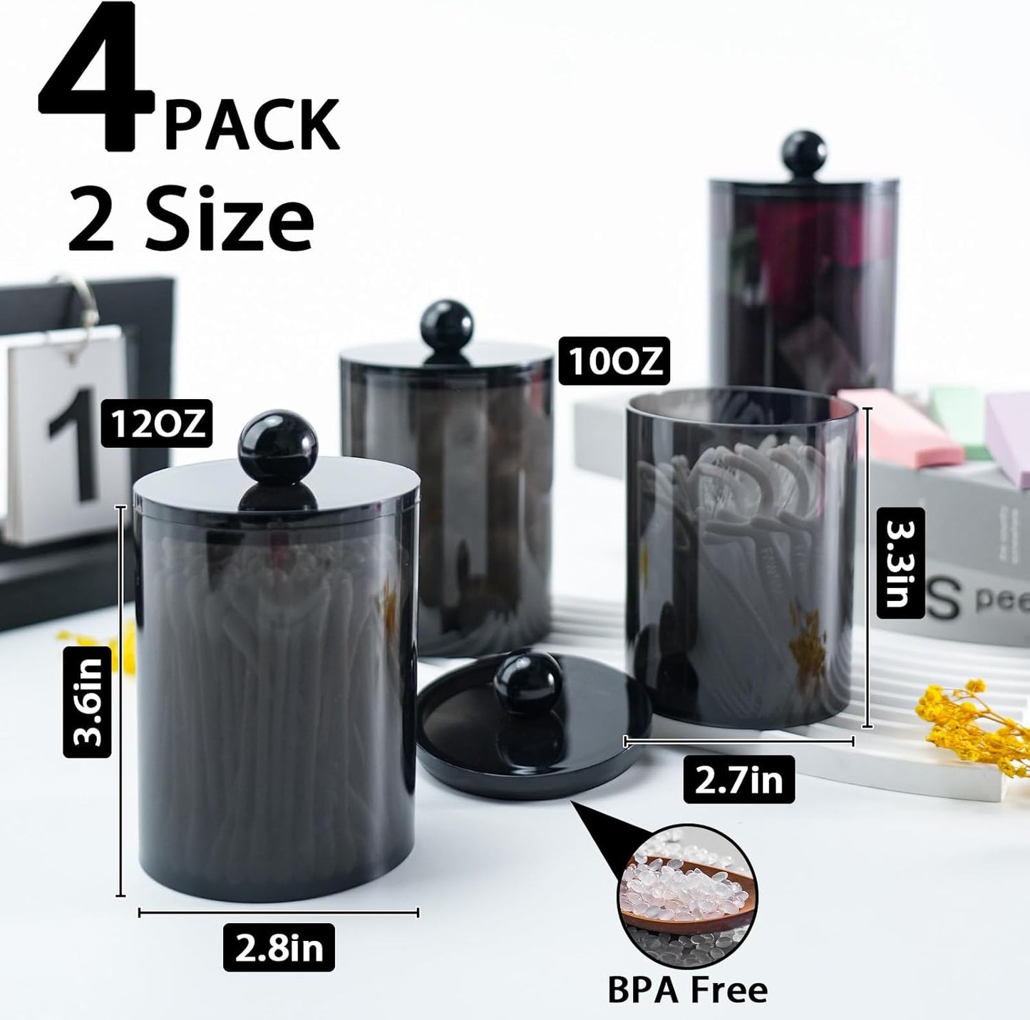 XIPENGKEJI Qtip Holder Set - 4 Pack Apothecary Jars with Lids for Cotton Swabs & Pads | 10oz-12oz Black