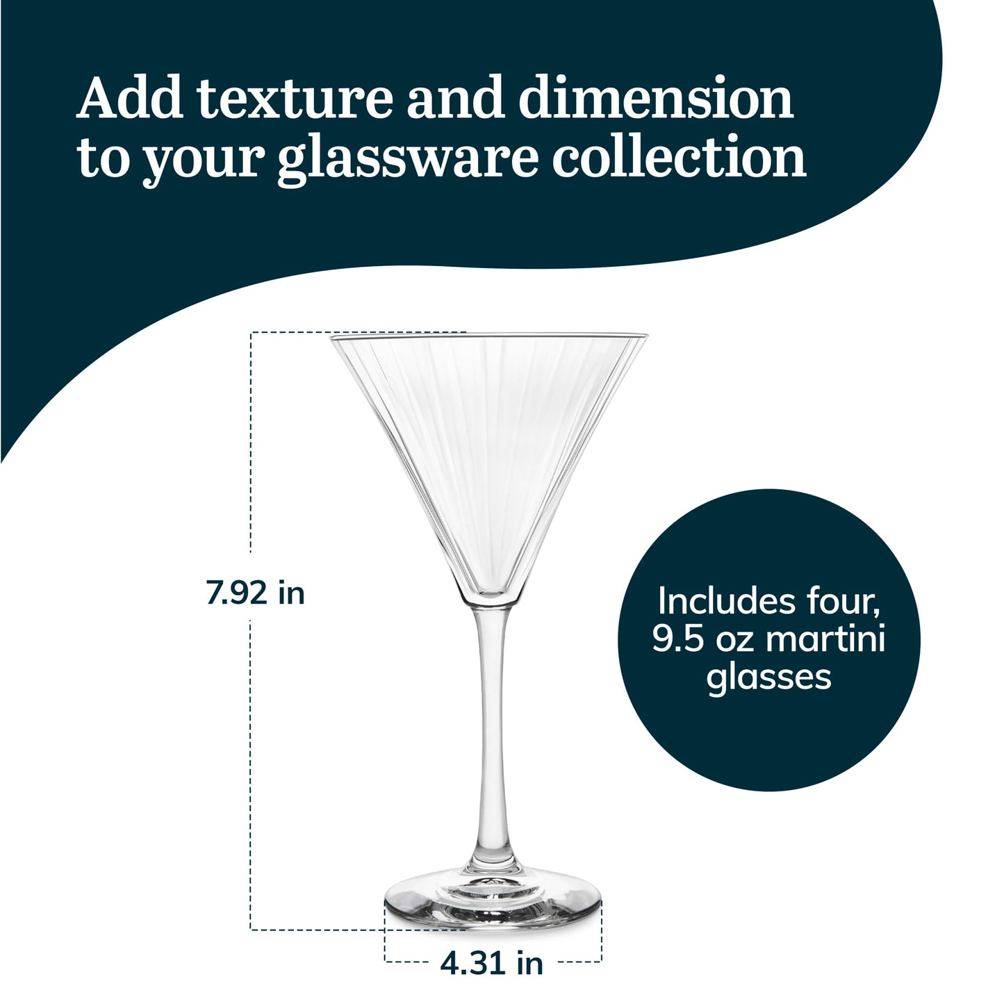 Libbey Paneled Martini Glasses Set of 4, 9.5 Oz Fine Ribbed Modern Martini Glasses, Dishwasher Safe Martini Cocktail Glasses for Cocktail Parties