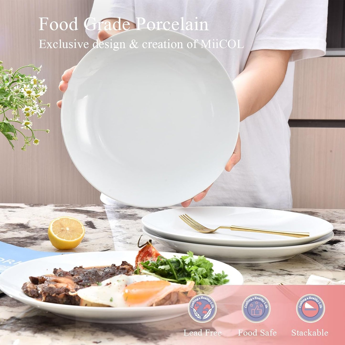 Miicol Ceramic Dinner Plates - Set of 4 Large 10.5-Inch White Porcelain Dishes | Microwave & Dishwasher Safe