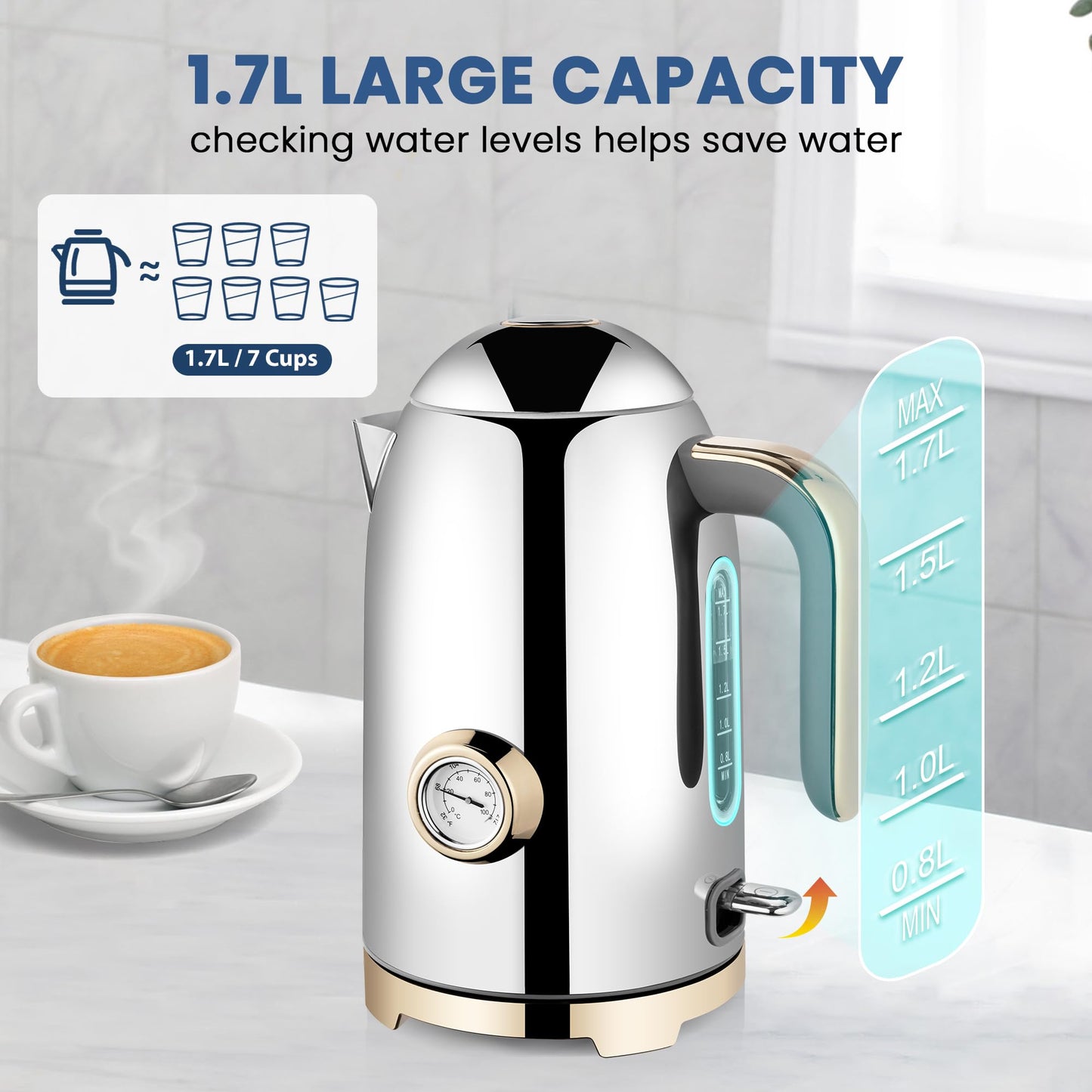 SUSTEAS Electric Kettle - 57oz Hot Tea Water Boiler with Thermometer, 1500W Fast Heating Stainless Steel Pot, Cordless LED Indicator, Auto Shut-Off & Boil Dry Protection, Glossy Silver