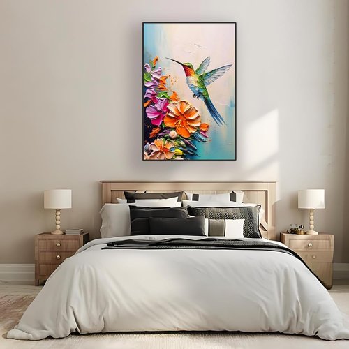 **Regine Switzerland Hummingbird Wall Art - Colorful Spring Flowers Canvas Print | 16x24 in Stretched Frame**