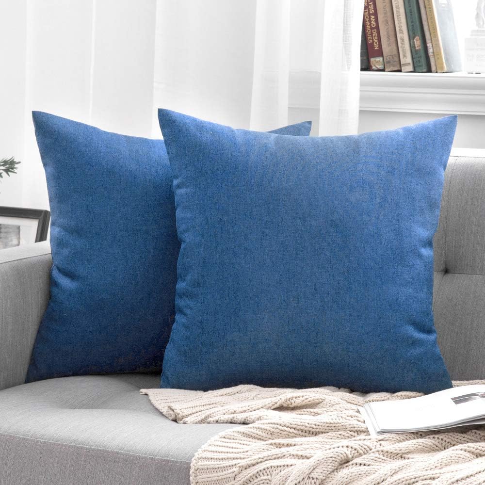 MIULEE Waterproof Outdoor Throw Pillow Covers - Pack of 2 Faux Linen Euro Sham Cushions | 24x24 Inch Blue