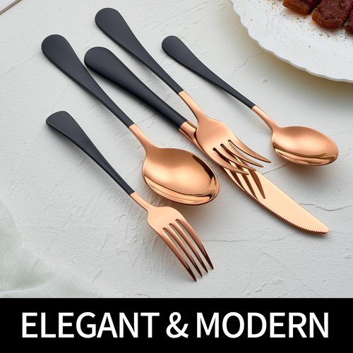 DINYWOW 20-Pieces Rose Gold and Black Silverware Sets for 4,Black Handle Stainless Steel Cutlery Set, Include Forks Spoons and Knives Set, Dishwasher Safe Utensil Sets for Home Restaurant