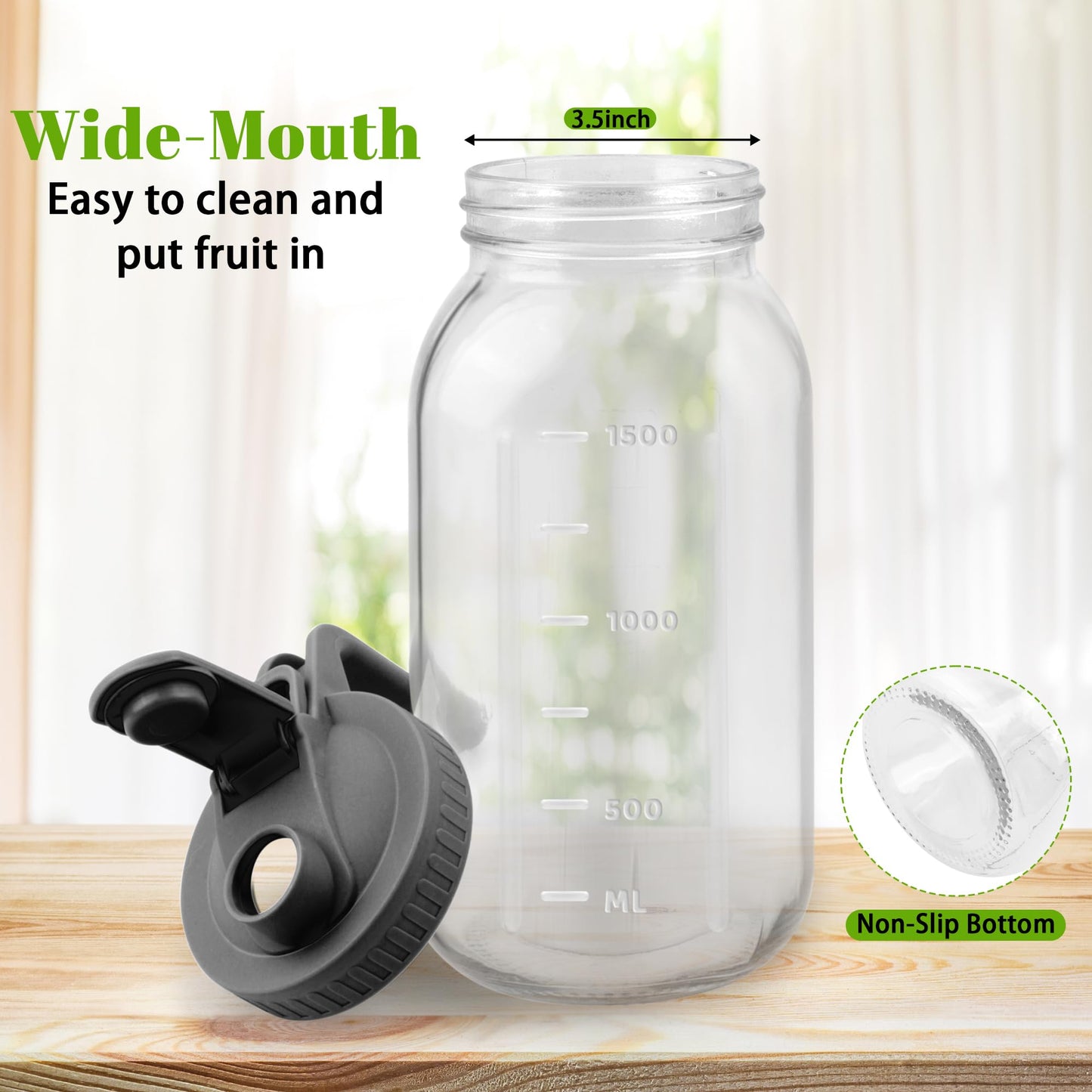 64 Oz Glass Pitcher with Lid, 2 Quart Heavy Duty Cold Brew Pitcher, Leak-Proof, Wide Mouth Mason Jar with Pouring Airtight Lid,Ideal for Fridge Storage