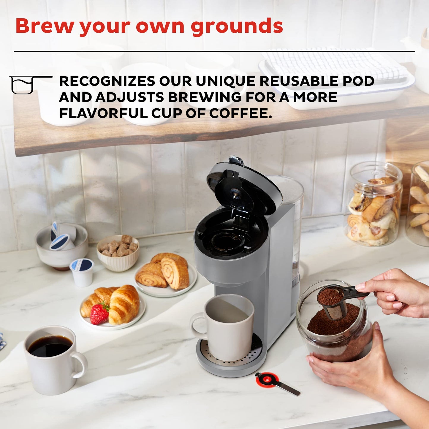 Instant Pot Single Serve K-Cup Pod Compatible Coffee Maker with Reusable Pod & Bold Setting, 8-12oz, 40oz Reservoir, Grey