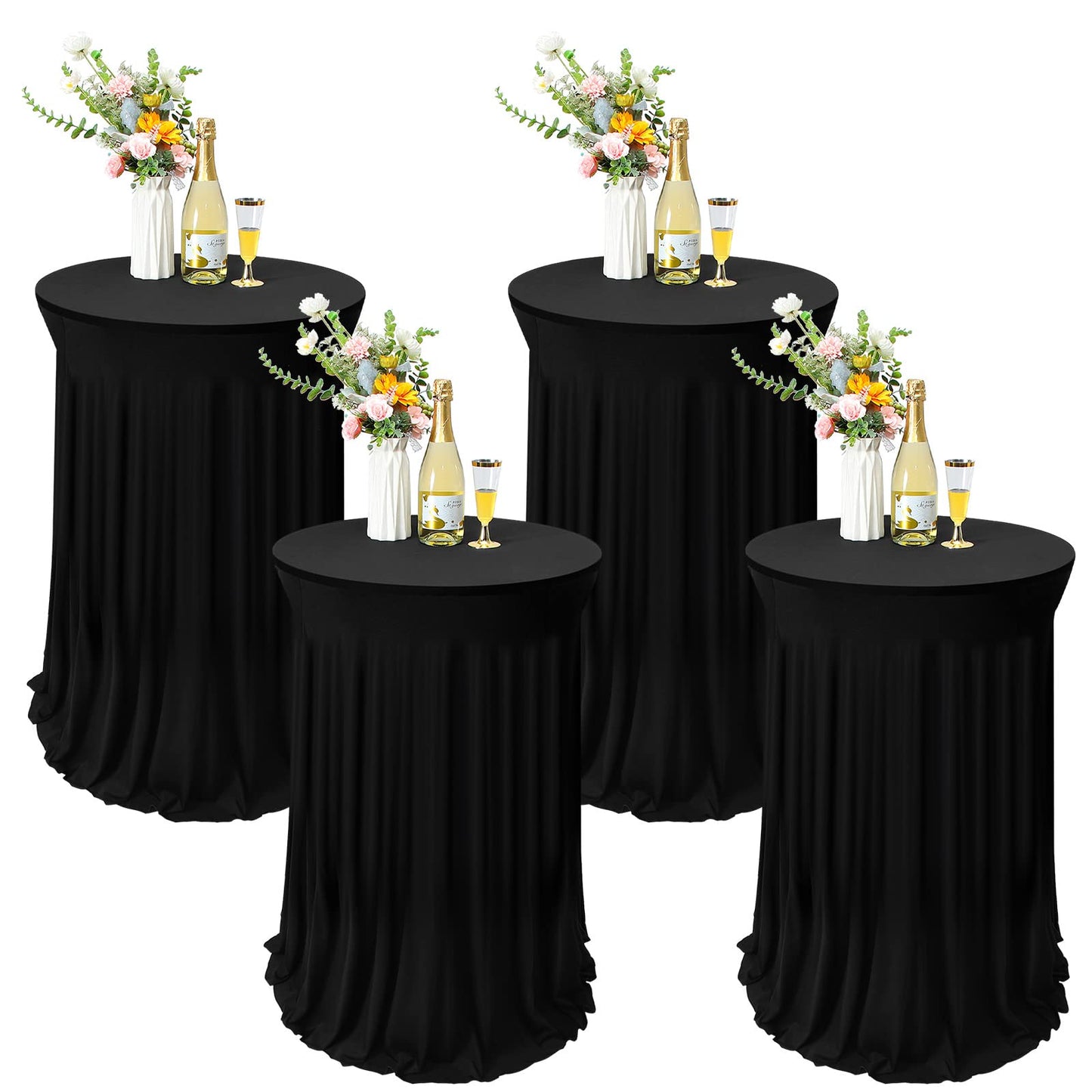 Tegeme 4 Packs Round Spandex Cocktail Tablecloths with Skirt 32 x 43 Inch Cocktail Round Table Cover Spandex Stretch Square Tablecloth Skirt for Table Bar Wedding Party Banquet (Black)