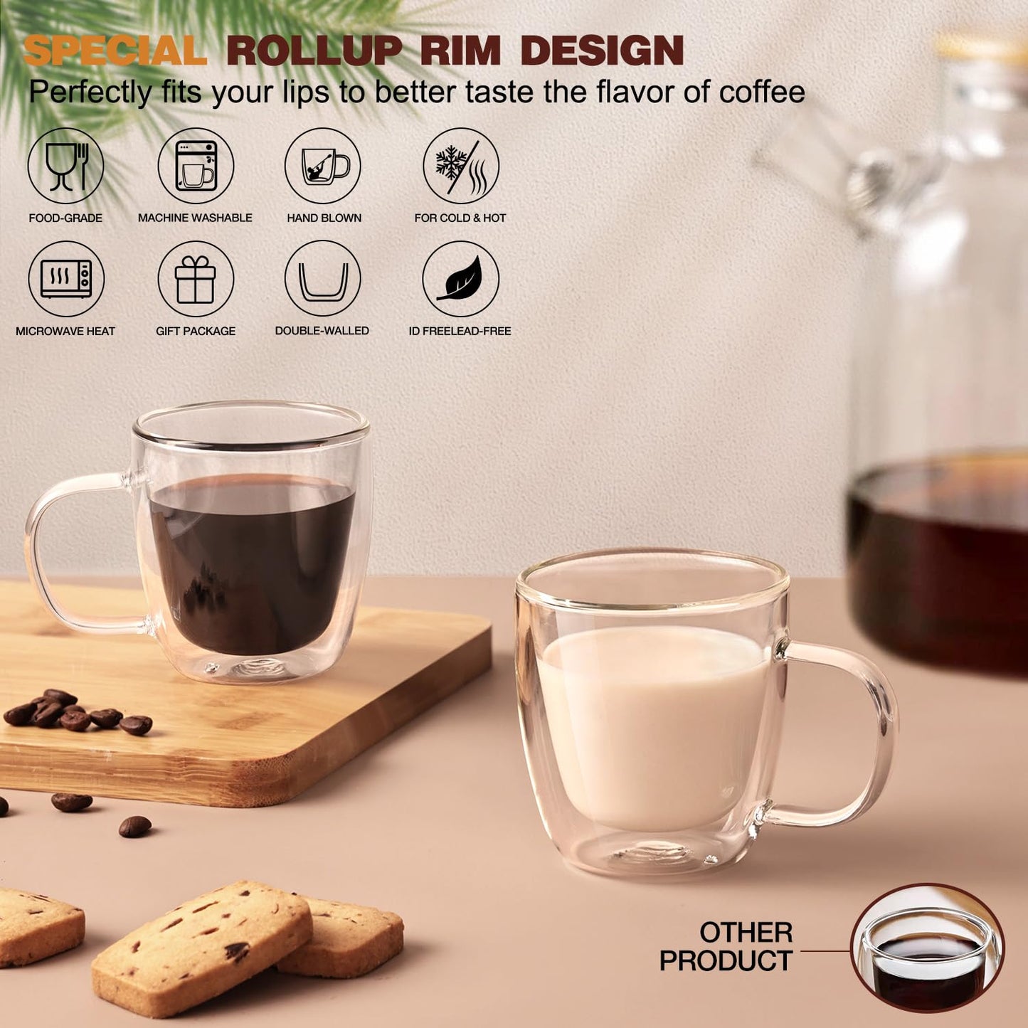 Potdoctor Double Walled Espresso Cups Set of 4, Hand Blown 5.5OZ Espresso Shots Glass, Coffee Mugs with Handle Perfect for Latte, Cappuccino, Tea