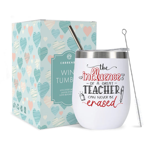 CARAKNOTS Teacher Appreciation Gifts for Women Tumbler Teacher Gifts for Valentines Graduation Birthday Retirement Christmas 12 oz Stainless Steel Wine Tumbler with Lid and Straw White