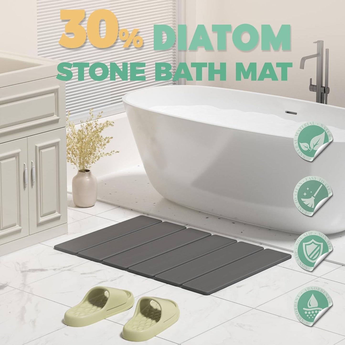SYIPO Stone Bath Mat - Super Absorbent Non-Slip Diatomite Mat 23.6 x 15.3” | Quick Drying & Easy to Clean, Dark Gray