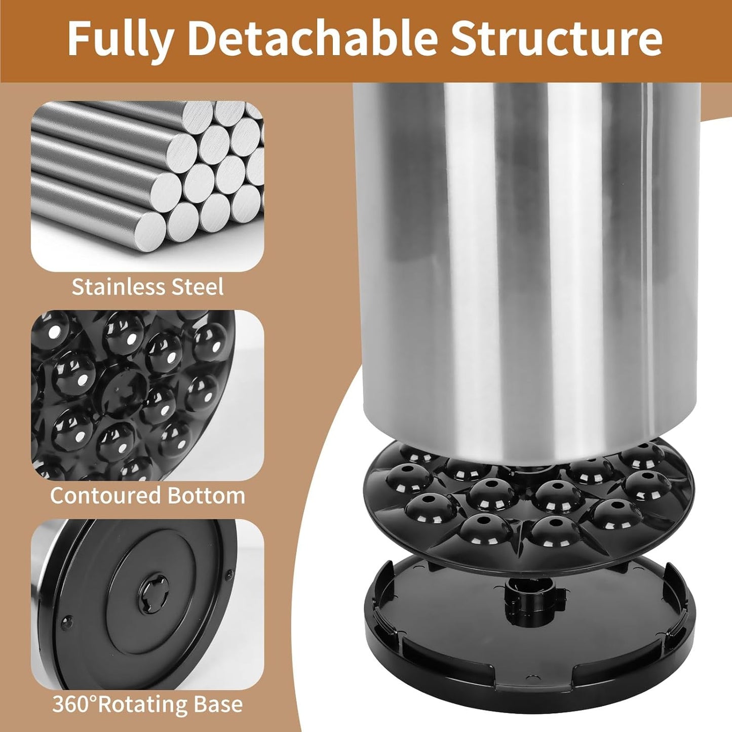 Nigelia Extra Large Kitchen Utensil Holder - 360° Rotating Stainless Steel Caddy | 3 Compartment Organizer (Silvery)
