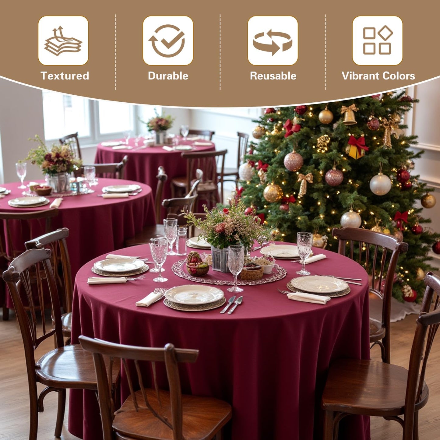 sancua 90 Inch Round Tablecloth, 8 Pack Burgundy - Circle Polyester Fabric Table Cloth for Christmas Party Reception Banquet Birthday, Washable Formal Table Cover (Fit 30-72 Inch Tables)