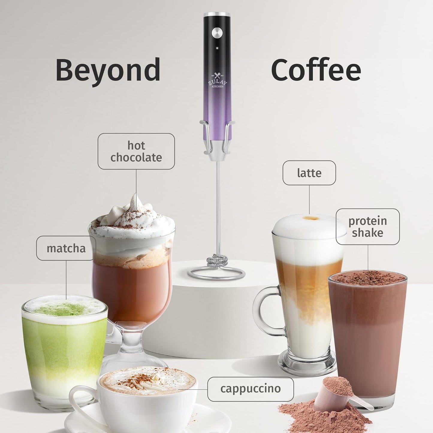 Zulay Kitchen Rechargeable Milk Frother - Powerful 2-Speed Motor, Waterproof, 2000mAh Battery | Perfect for Lattes, Cappuccinos, Matcha & Protein Drinks - Lux Galaxy