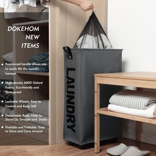 DOKEHOM Slim Laundry Basket - 27.5-Inch Rolling Hamper with Removable Wash Bag | Grey, Foldable Design