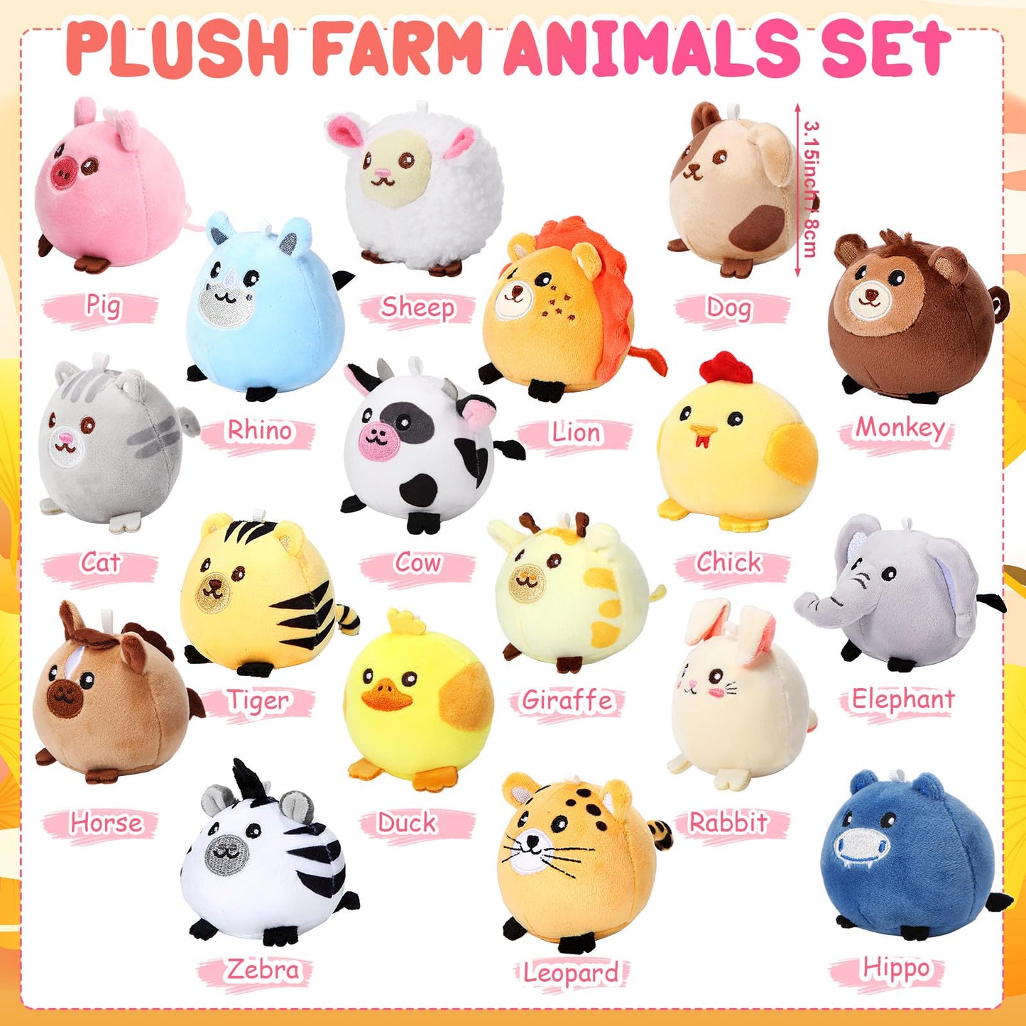 Halloscume 18 Pcs Mini Stuffed Animals Bulk 3.15 Inch Small Plush Farm Jungle Animal Ornament Set for Valentine's Day Exchange School Prizes Easter Egg Fillers Basket Stuffers Birthday Party Favors