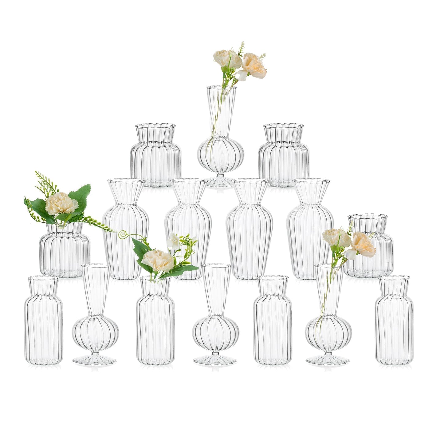 Modern Clear Glass Bud Vase Bulk Set: Glasseam 16Pcs Small Mini Flower Centerpieces Vases Handmade Decorative Cute Short Window Corner Home Decor for Wedding Reception Dining Table Single Rose