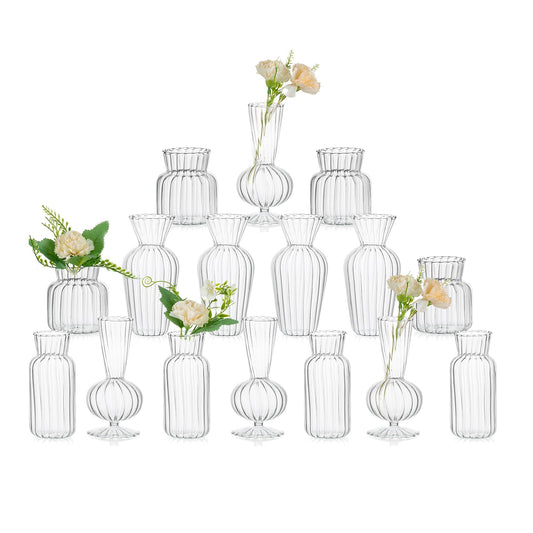 Modern Clear Glass Bud Vase Bulk Set: Glasseam 16Pcs Small Mini Flower Centerpieces Vases Handmade Decorative Cute Short Window Corner Home Decor for Wedding Reception Dining Table Single Rose