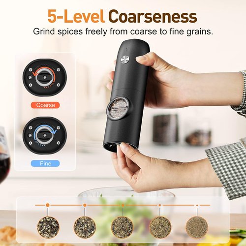 Electric Salt and Pepper Grinder Set - USB Rechargeable Automatic Mill with Adjustable Coarseness | One-Hand Operation & LED Light - 2 Pack