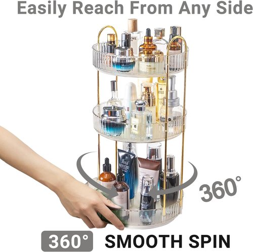 Asayuee 360° Rotating Makeup Organizer - Large 3-Tier Storage for Skincare & Cosmetics | Clear Finish