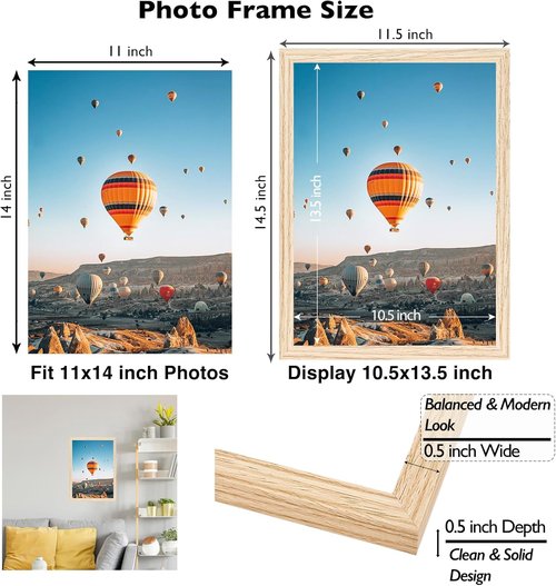 JCJMY 11x14 Picture Frame - Versatile Wall Mounting for Horizontal or Vertical Display | Shatter-Resistant Plexiglass, Natural Finish