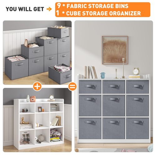 EnHomee 9 Cube Storage Organizer with Storage Bins, Sturdy and Durable Wooden Bookcase with Fabric Drawers, 9 Cube Shelf for Bedroom, Living Room,White Grey, 11.8" D x 29.5" W x 35.4" H,