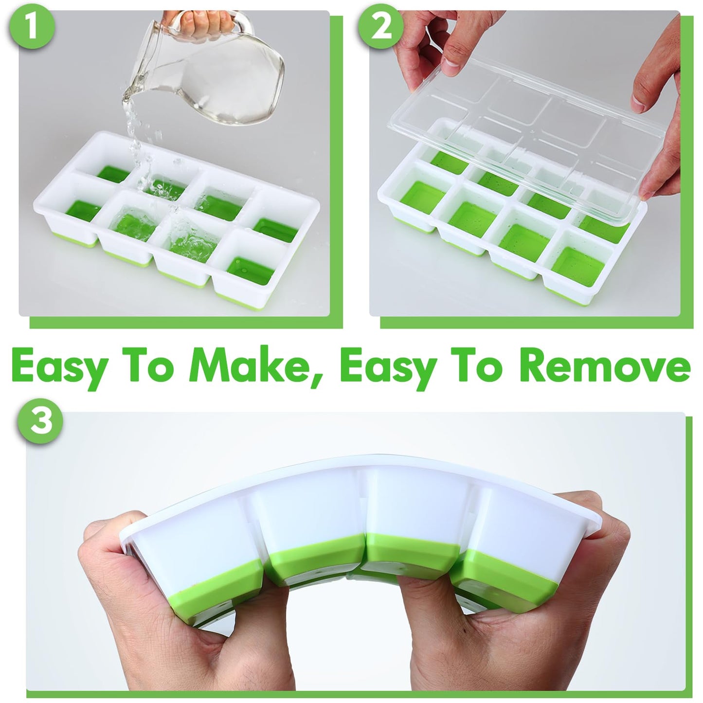 Large Ice Cube Tray with Lid and Bin, Jrisbo Silicone Big Square Ice Cube Molds for Freezer, 3 Pack Stackable Huge Cubed Ice Trays with Ice Tong, Ice Scoop for Whiskey Cocktails Soups Frozen Treats