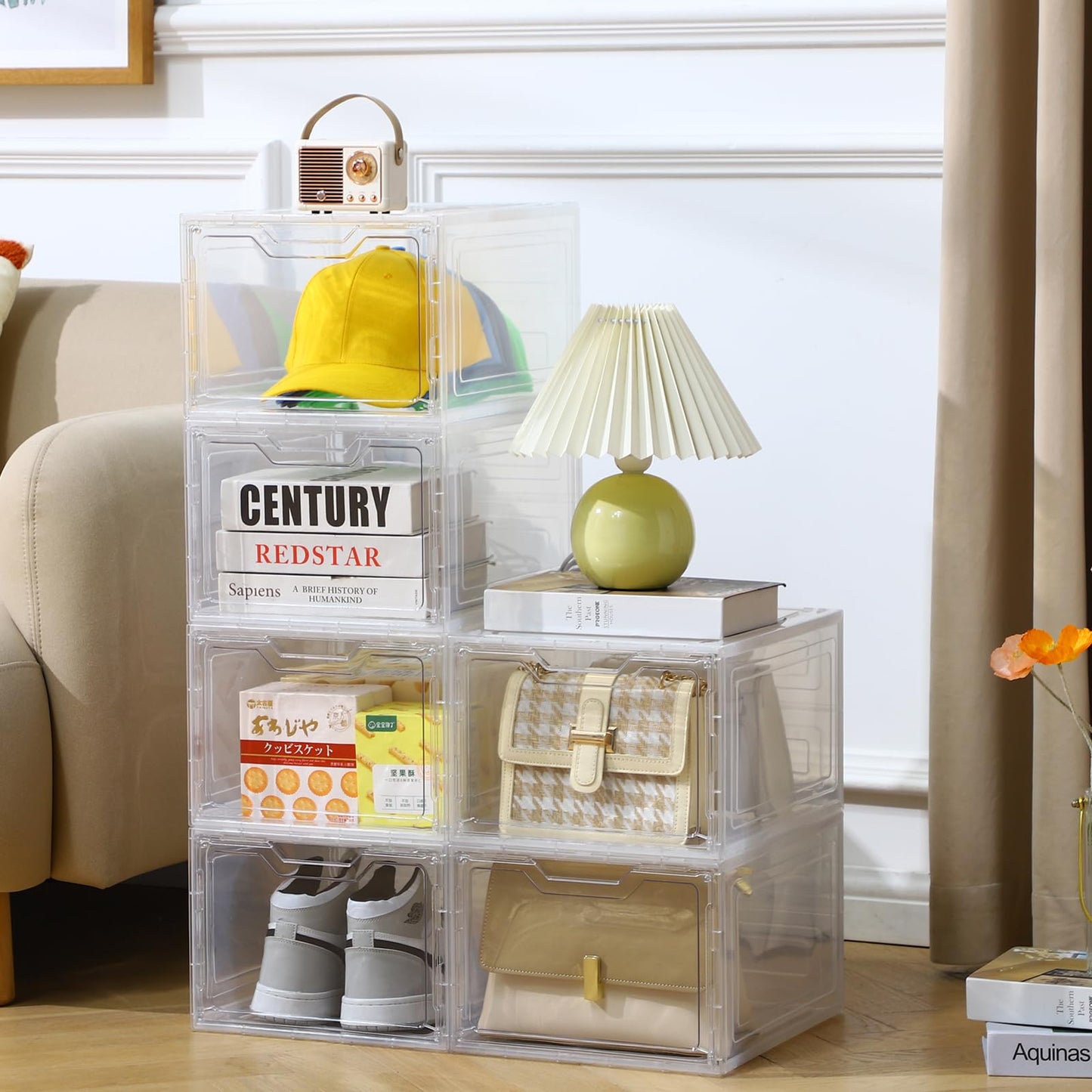 Freebat 10 Pack Closet Organizers and Storage,Clear Stackable Plastic Storage Bins with Lids Magnetic Doors,Clothes Organizers and Storage,Plastic Craft Containers for Wardrobe Kitchen Bathroom Office