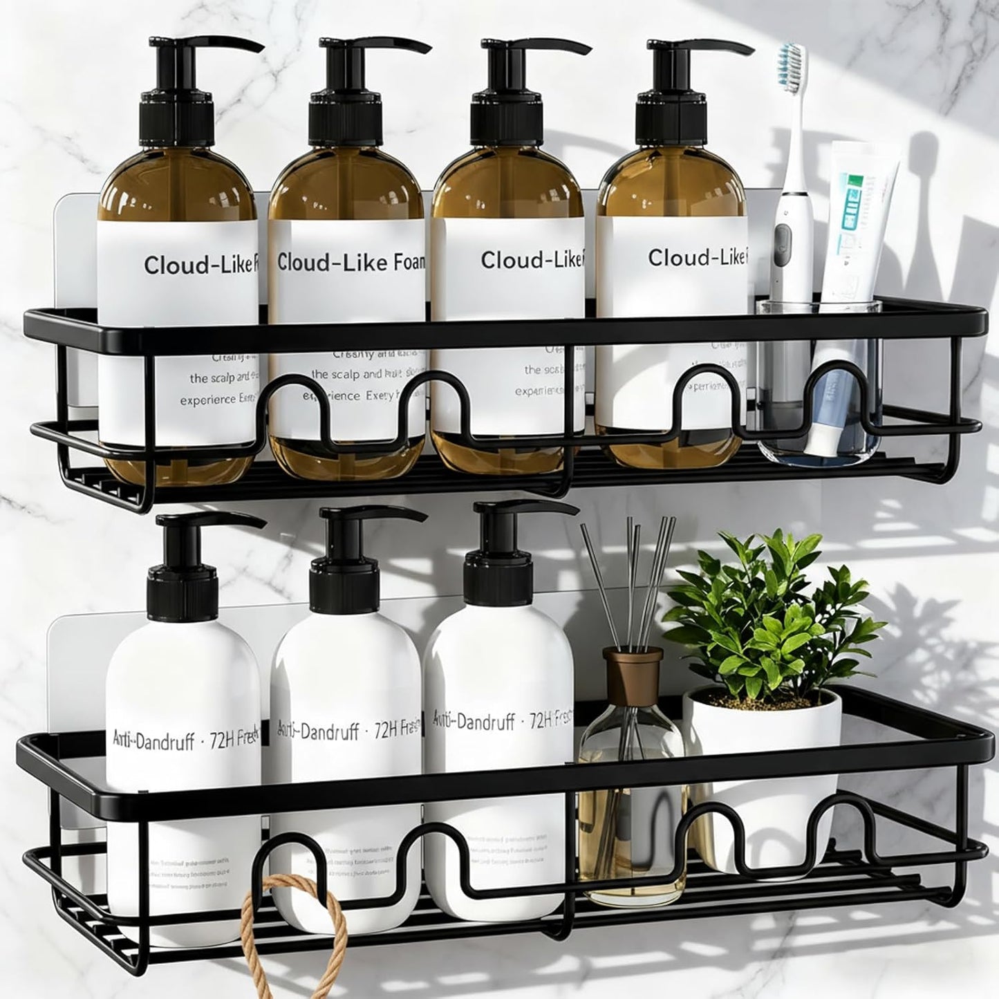 Skiennix Adhesive Shower Caddy - Large Capacity No Drill Bathroom Organizer | 2 Pack Black Shelves