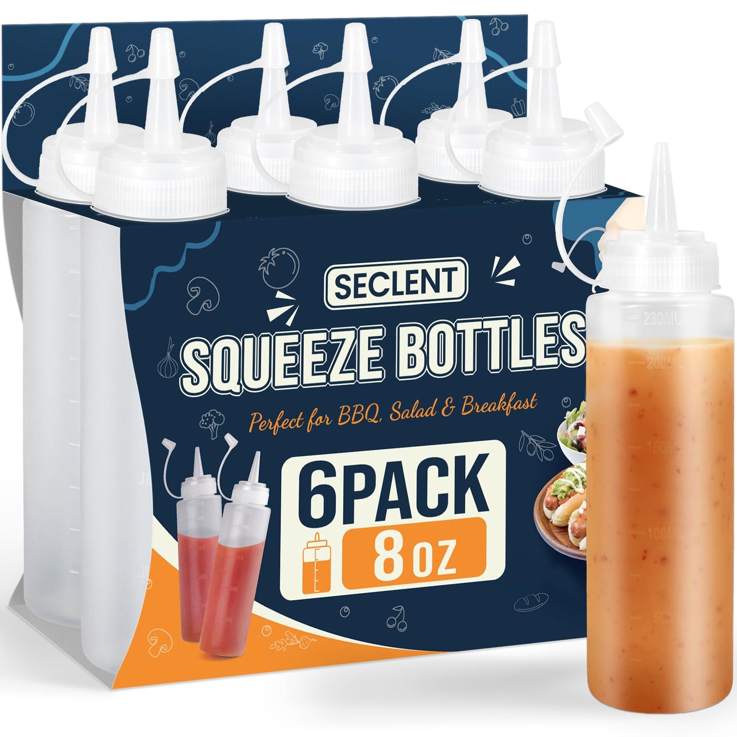 SECLENT 8 oz Squeeze Bottles, Plastic Condiment Squeeze Bottles for Sauces, Ketchup, Squirt Bottle for Dressing, Sauce Bottle for Syrup, Oil, Dressing, Mustard, Pancake Batter - 6 Pack
